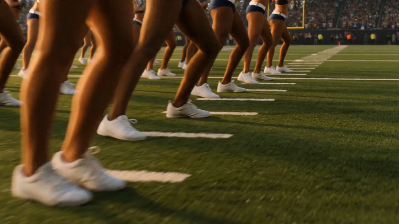 Vibrant Sideline Cheer  - AI video generator preview. Cinematic dynamic tracking shot, lively gorgeous cheerleaders dancing energetically on football stadium sidelines. Powerful synchronized cheer moves, jumping and swinging pom-poms vigorously, full of fiery cheering vibe. Alluring charming expressions, sexy and confident demeanor, fluttering hair and flying skirt hems. Stylish national team cheer outfits, shiny metallic pom-poms. Warm golden rim light, blurred crowded stadium background, fluid dynamic motion, photorealistic, 8K, high detail