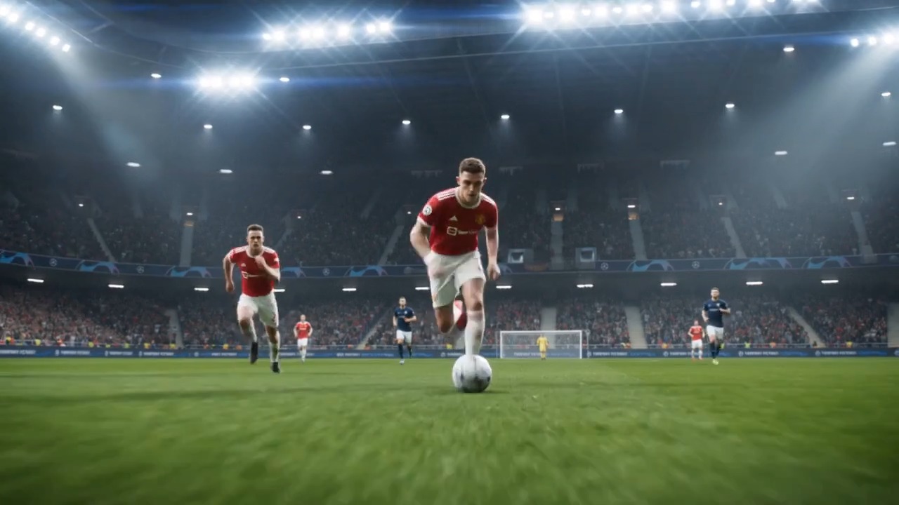  Sprint & Defend: Football Clash - AI video generator preview. A highly dynamic cinematic low-angle tracking shot of a fast-paced football counter-attack. In the center, [USER] in a vibrant home jersey is sprinting at full speed with the ball at their feet, face intensely focused, highly detailed skin texture with glistening sweat. To the left and right, two teammates are aggressively sprinting alongside [USER] in formation. Ahead, three defending players in dark contrasting jerseys are rushing in to close the gap, with one defender actively executing a sliding tackle. Mud and grass flying in slow motion. Complex multi-character action, perfect facial tracking on [USER], epic stadium lighting, photorealistic, 8k resolution.
