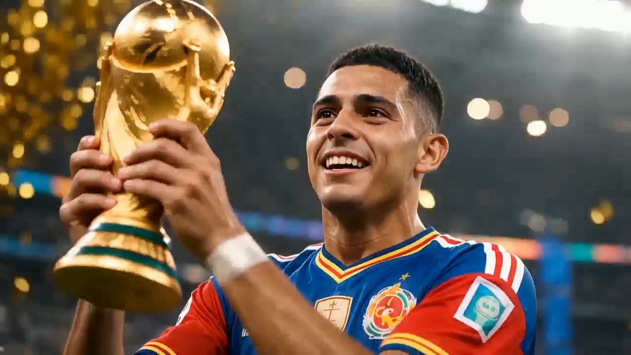 Football’s Pinnacle Moment  - AI video generator preview. Cinematic extreme close-up, slow pull-back shot, elite footballer lifting the golden World Cup trophy high in triumph. Teary glowing eyes reflecting stadium lights, subtle sweat on sharp facial features, screaming in ecstasy. Wearing distinctive retro national team jersey with champion badge. Warm golden side rim light, drifting golden confetti, blurred bokeh stadium background, slow motion, 8K realistic cinematic tone.
